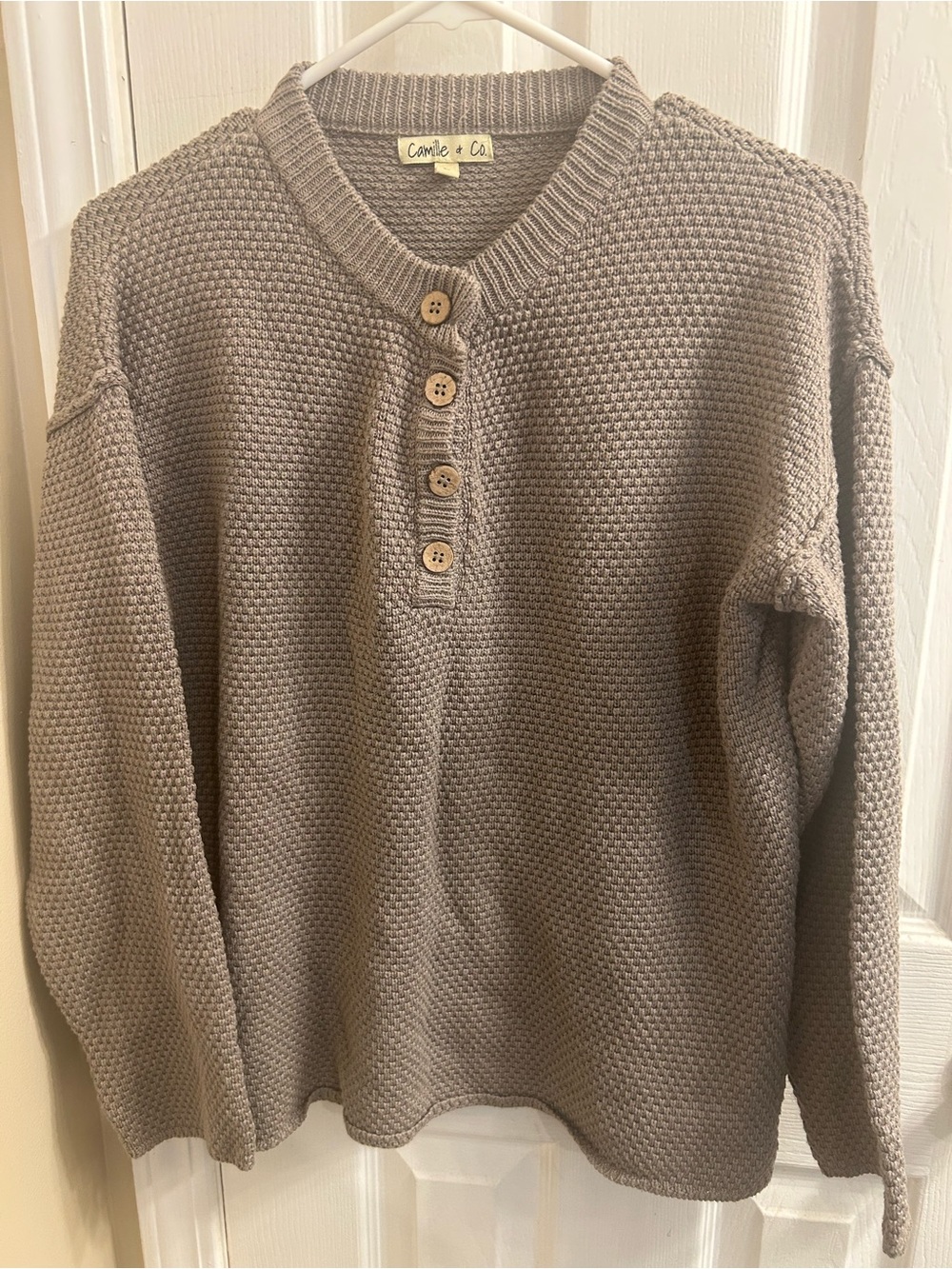Camille & Co. Women's Taupe Knit Button Henley Sweater